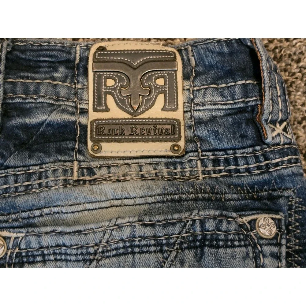 Rock Revival Rodrigo Men 34x30 Biker Moto Straight Thick Stitch Blue Jeans Flap